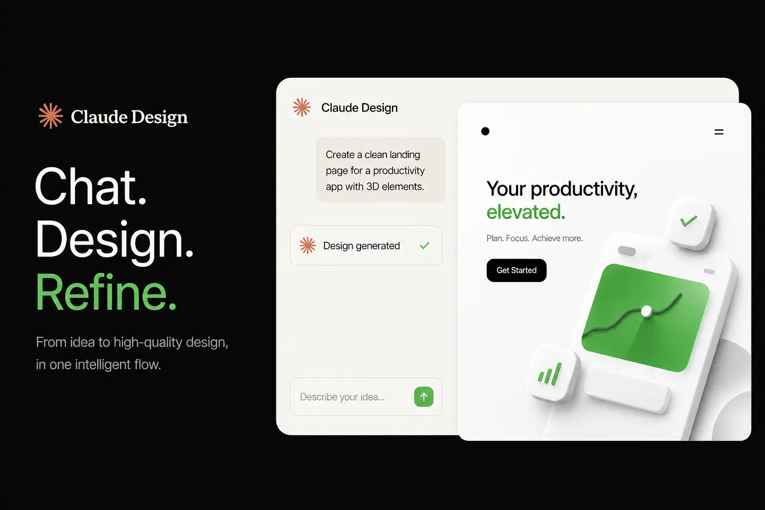 How to use Claude Design showing chat-based AI workflow to create, design, and refine high-quality UI for a productivity app landing page.