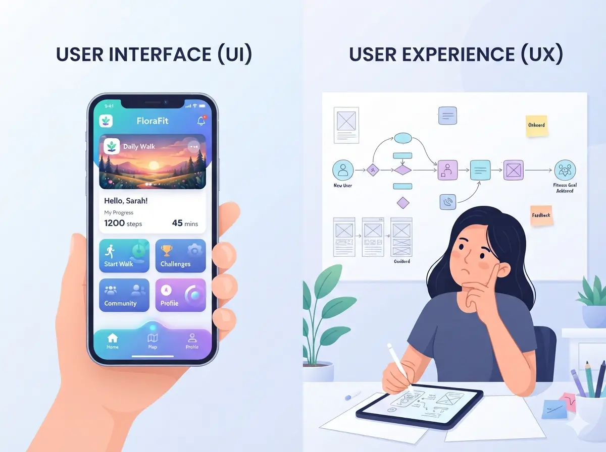 UI vs UX design illustration showing a mobile fitness app interface alongside a designer creating user experience wireframes and workflow diagrams.