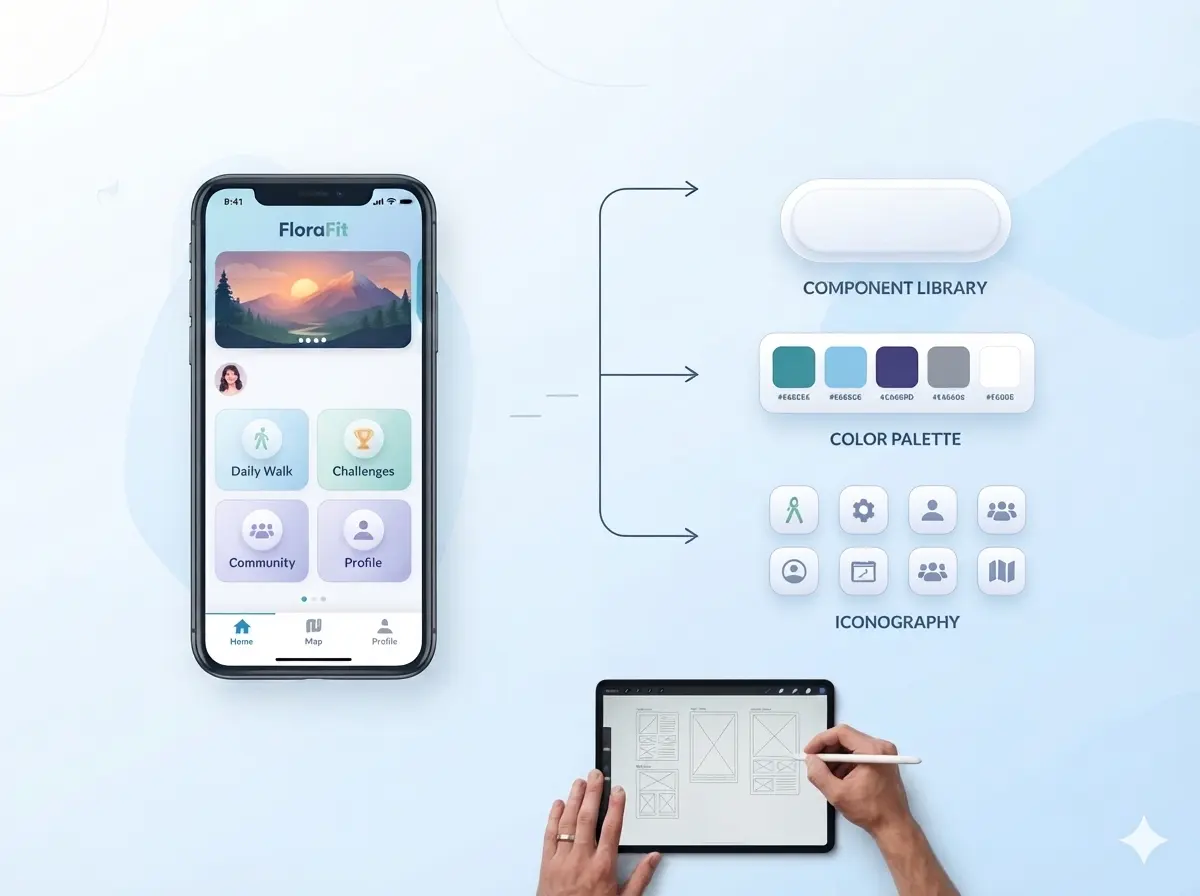 Beginner’s UI and UX design guide illustration showing a fitness mobile app, component library, color palette, iconography, and wireframe sketching on a tablet.