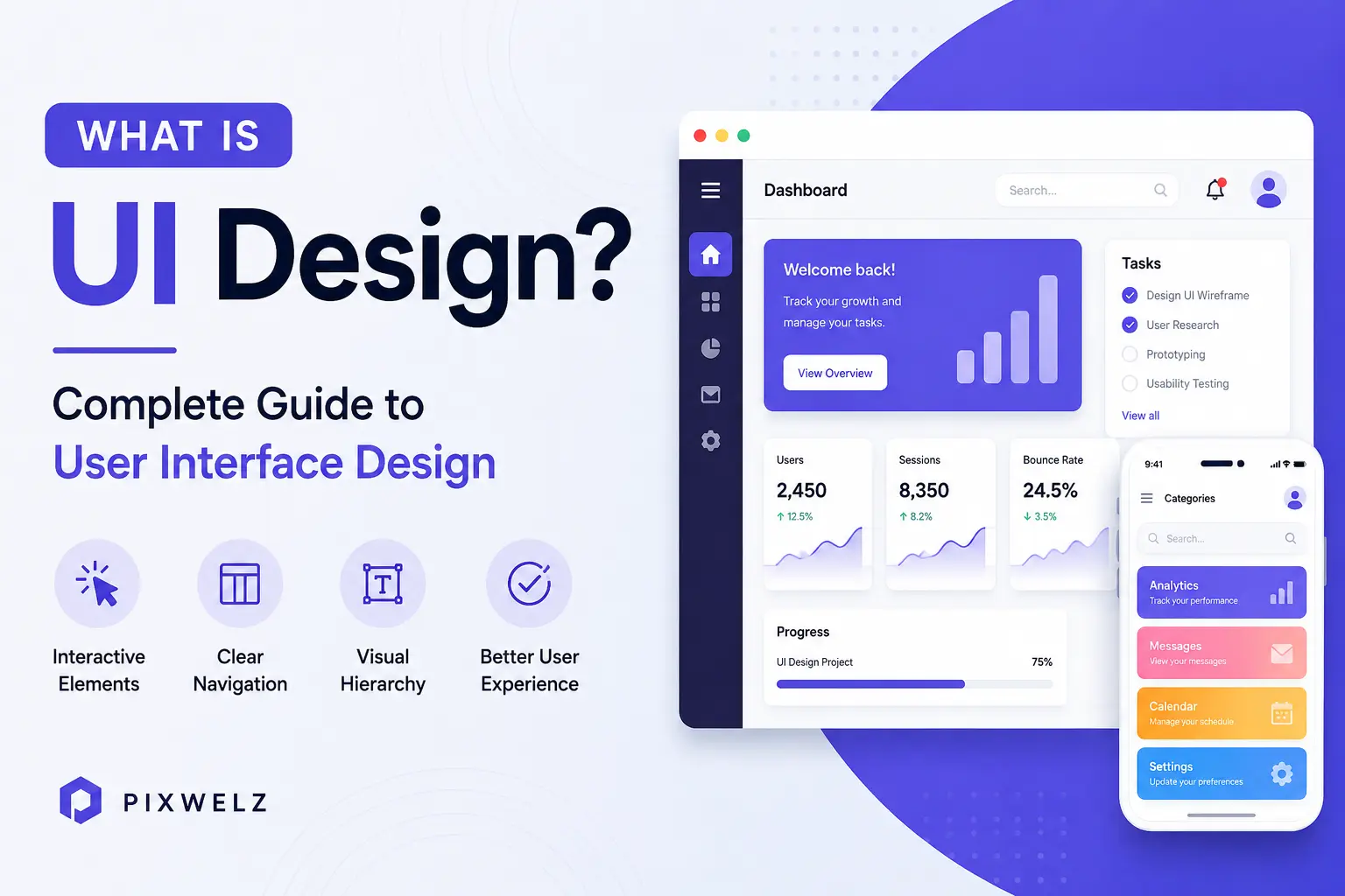 UI design guide graphic featuring a responsive analytics dashboard and mobile app interface with interactive elements, clear navigation, and visual hierarchy.
