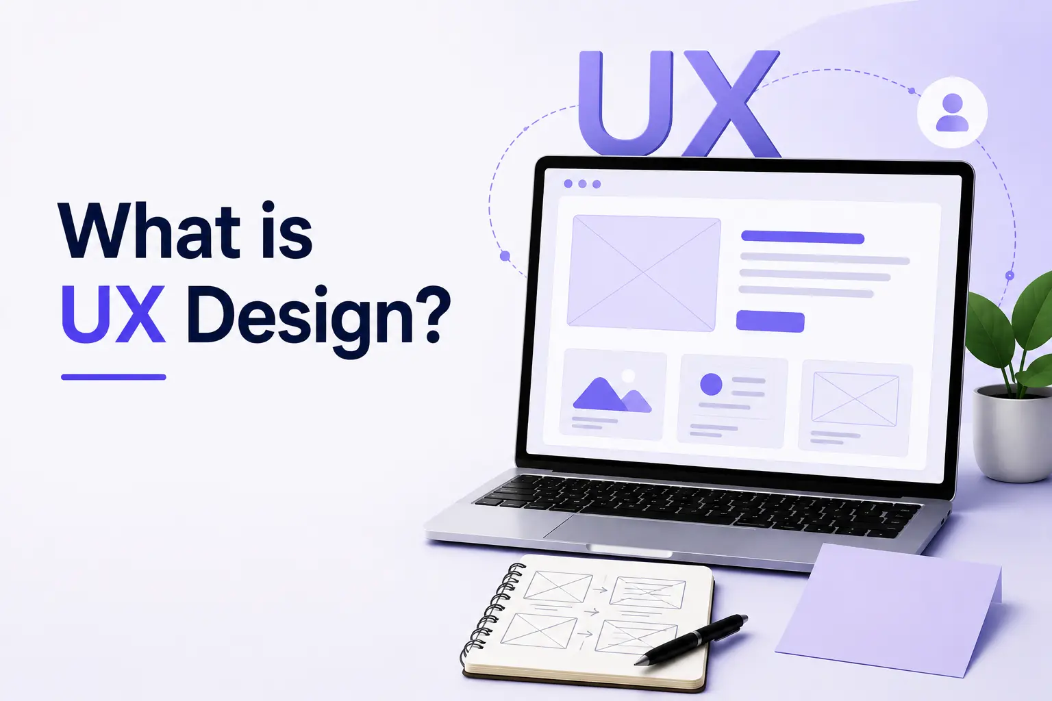 UX design guide illustration showing a laptop website wireframe, user journey path, and hand-drawn wireframe sketches in a notebook.
