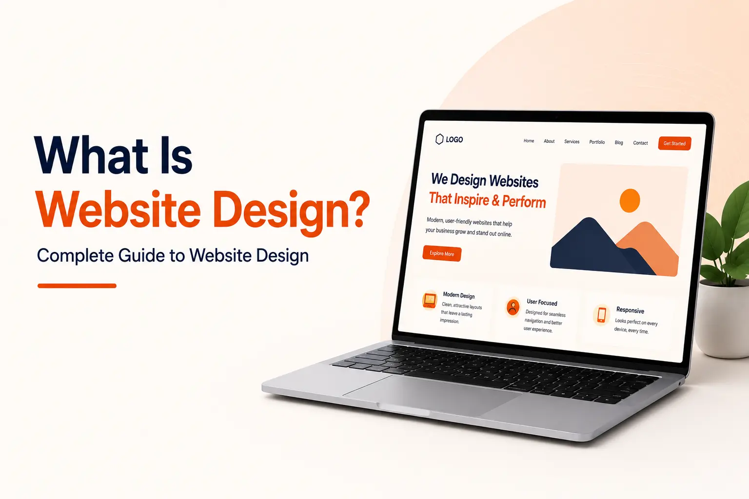 Website design guide graphic showing a laptop with a modern responsive business website layout, navigation menu, and call-to-action buttons.