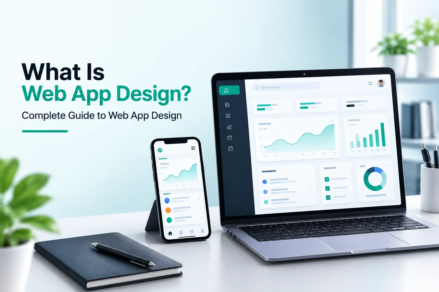 Web app design guide featuring a responsive analytics dashboard displayed on a laptop and mobile phone.