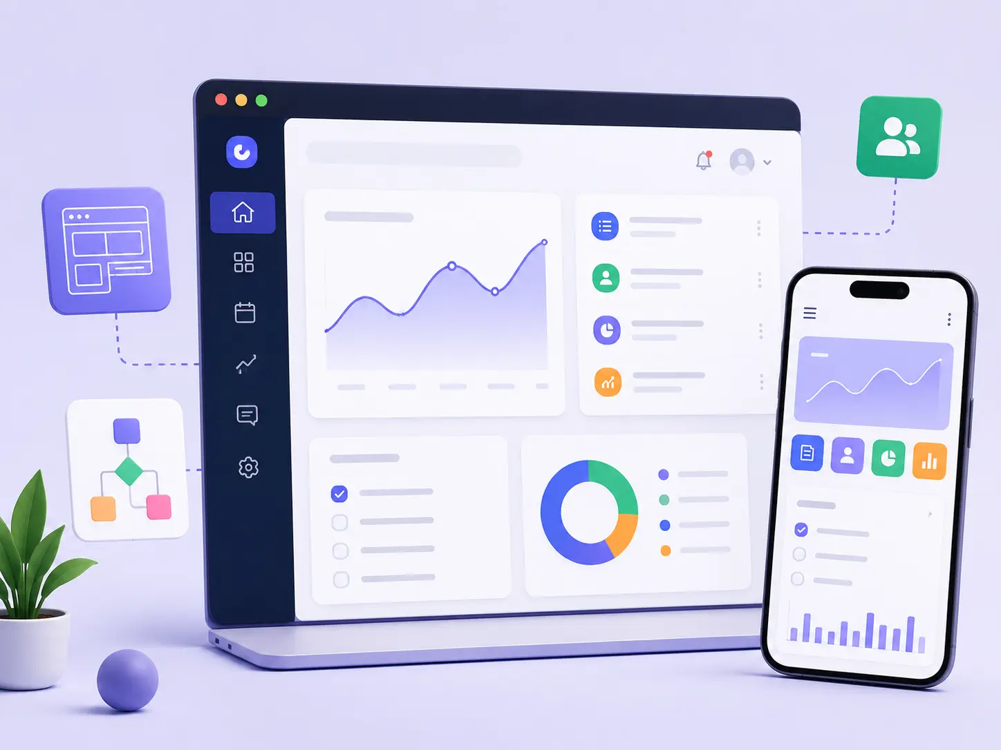 Modern web app dashboard design shown on desktop and mobile screens with charts, task lists, analytics, and user management features.