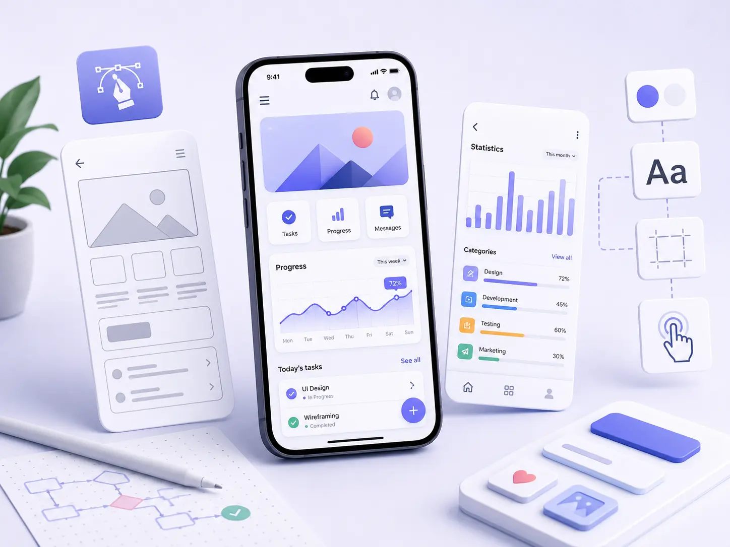 Mobile app design process illustration showing wireframes, a polished smartphone dashboard, analytics screens, typography, color palette, and interactive UI components.