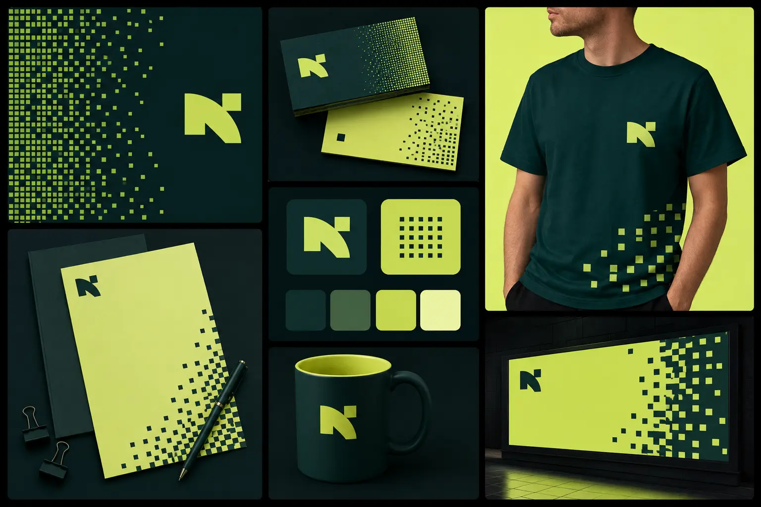 Brand identity design system showcasing a lime-green logo, color palette, business cards, stationery, apparel, mug, and billboard applications.