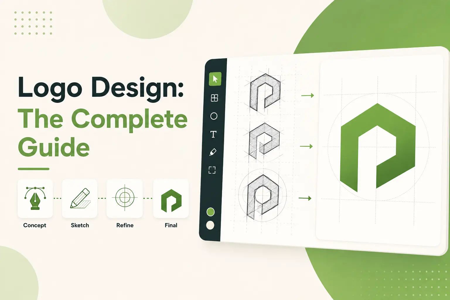 Logo design process illustration showing concept development, sketching, refinement, and a final green geometric logo on a design grid.