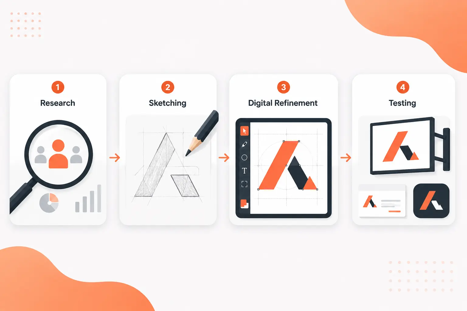 Four-step logo design process showing research, sketching, digital refinement, and testing across signage, business cards, and app icons.