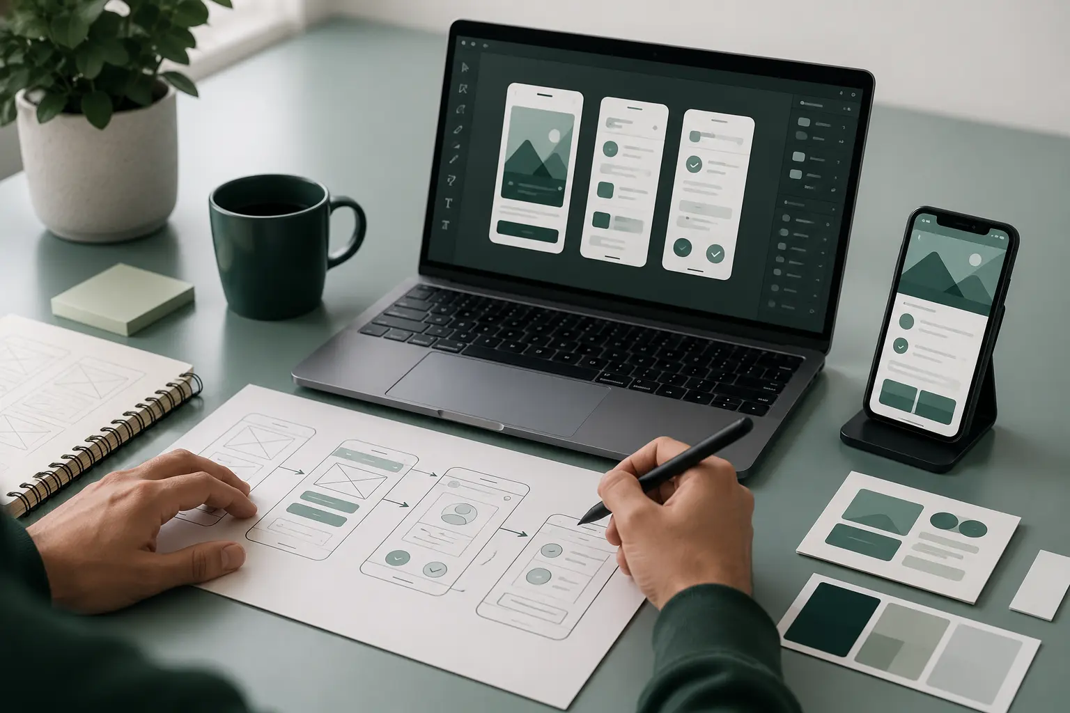 UI/UX designer sketching mobile app wireframes beside a laptop prototype, smartphone preview, color palette, and interface design components.