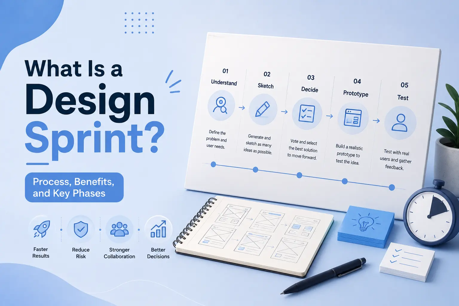 Design sprint infographic outlining the five phases: understand, sketch, decide, prototype, and test, with wireframes and planning materials.