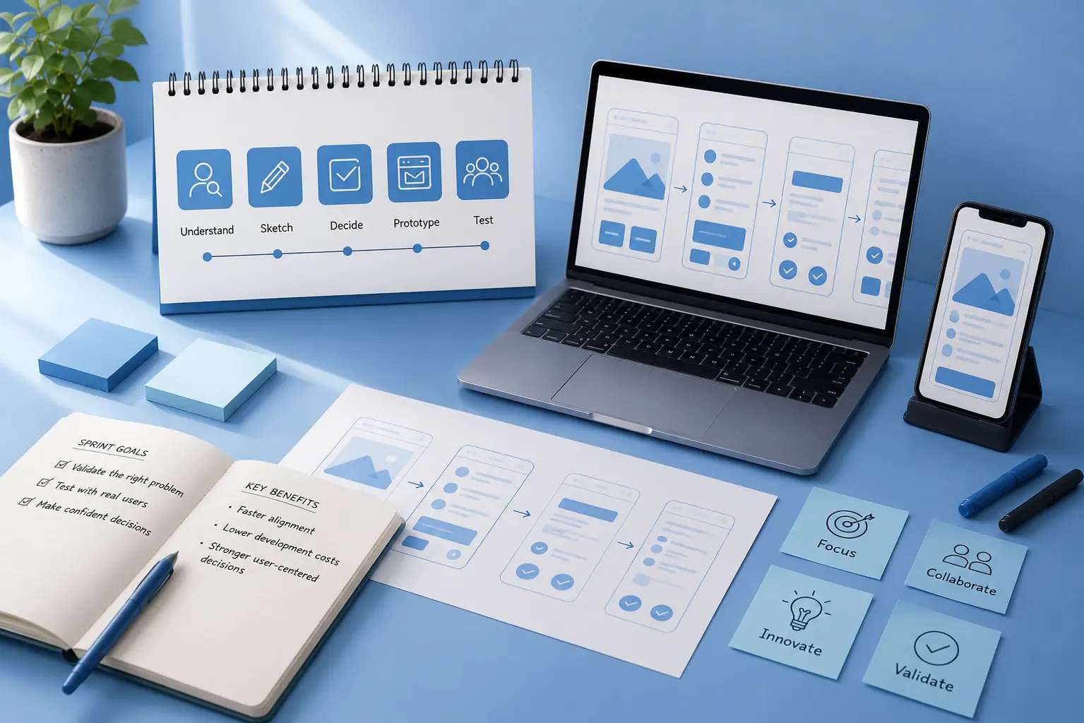 Design sprint workspace with a five-phase process board, laptop wireframes, mobile app sketches, sprint goals, and collaboration notes.