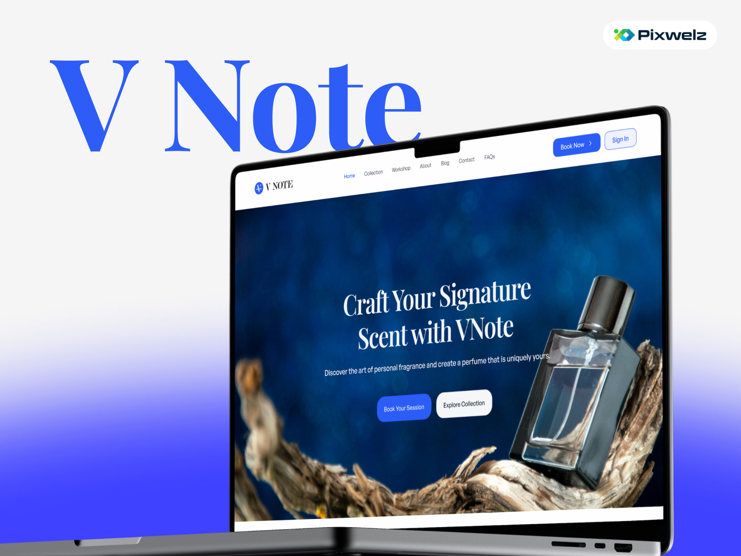 VNote fragrance website design displayed on a laptop, featuring a luxury perfume bottle and signature scent booking experience.