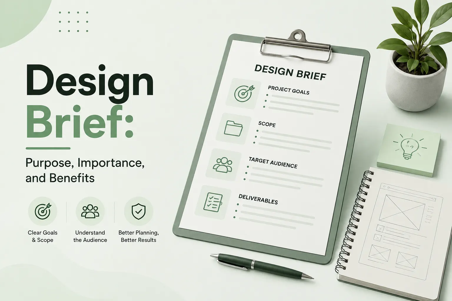 Design brief template showing project goals, scope, target audience, and deliverables alongside wireframe sketches and planning notes.