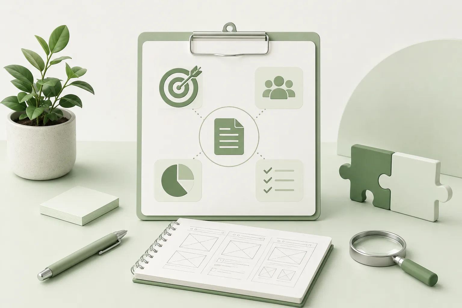 Design brief concept illustration featuring project goals, target audience, analytics, checklist, wireframes, and collaborative planning tools.