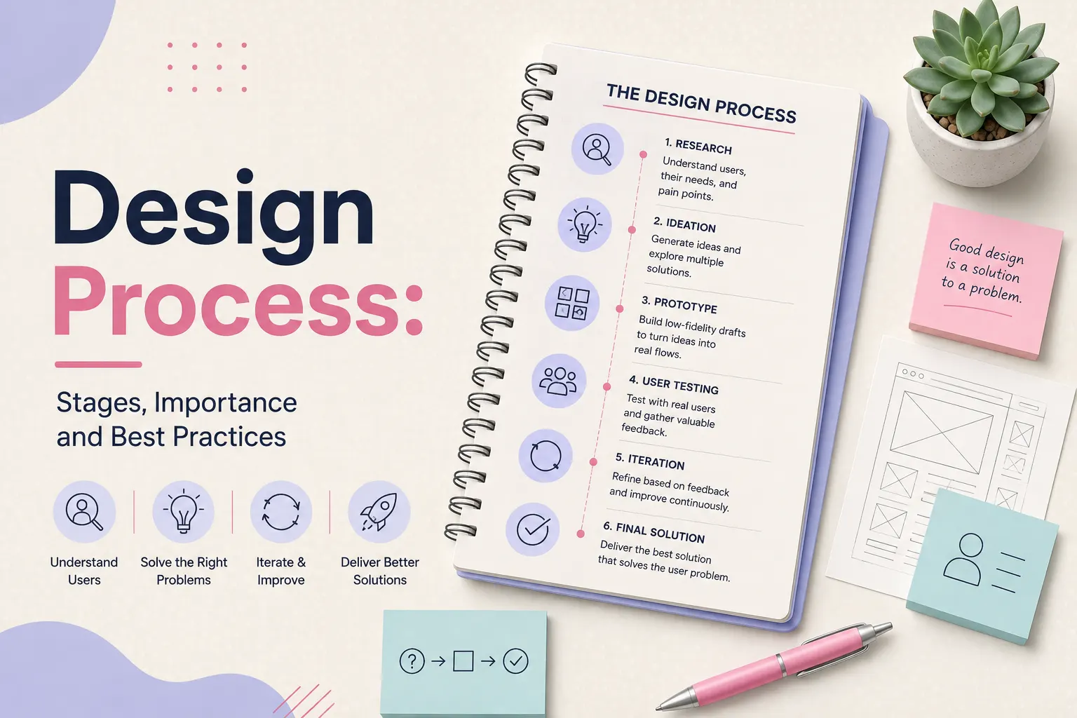 Design process stages infographic showing research, ideation, prototyping, user testing, iteration, and final solution, with wireframe sketches and notes.