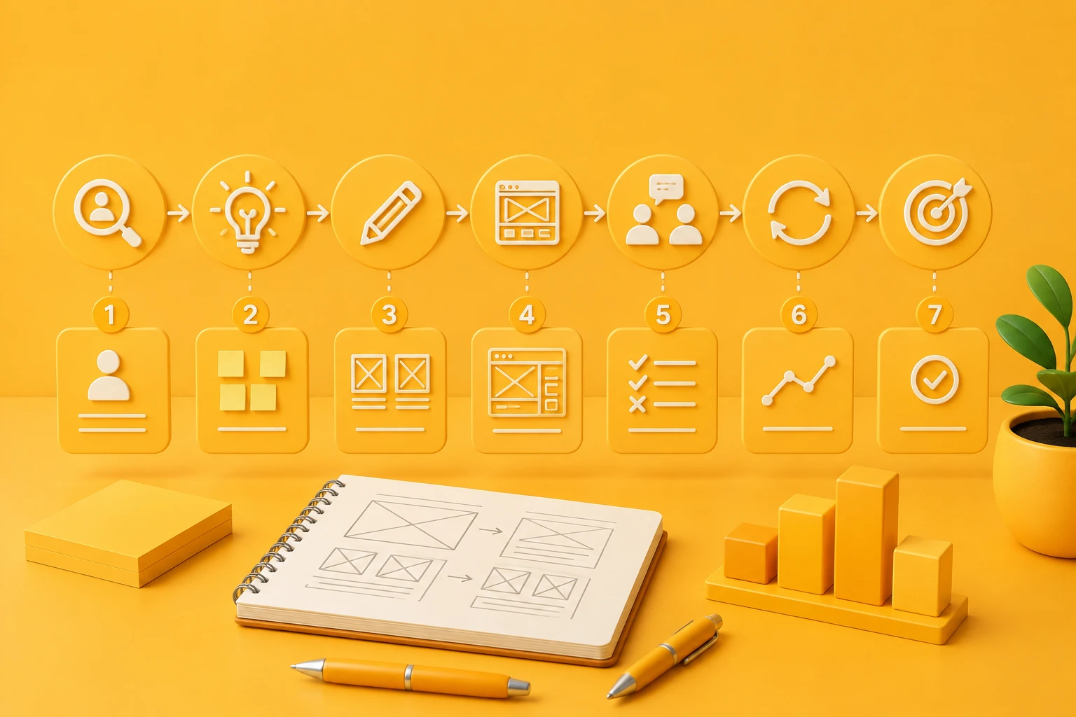 Seven-stage design process infographic showing user research, ideation, sketching, wireframing, testing, iteration, and final goal achievement.