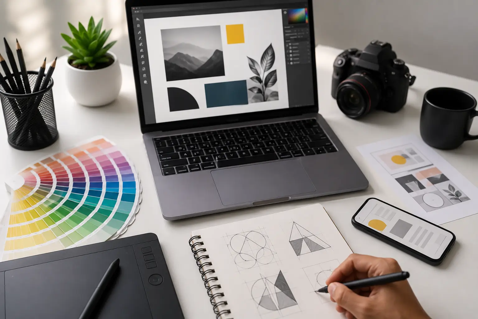 Graphic designer creating a visual brand concept with a laptop, color swatches, drawing tablet, camera, mobile mockup, and logo sketches.