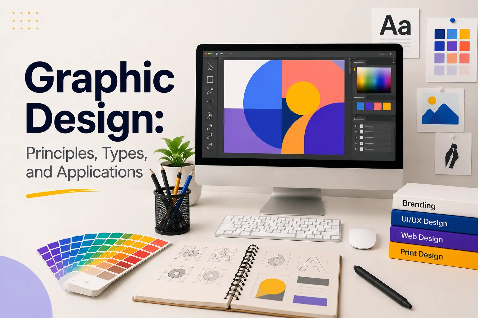 Graphic design workstation featuring a digital art interface, typography and color palette samples, branding books, and concept sketches.