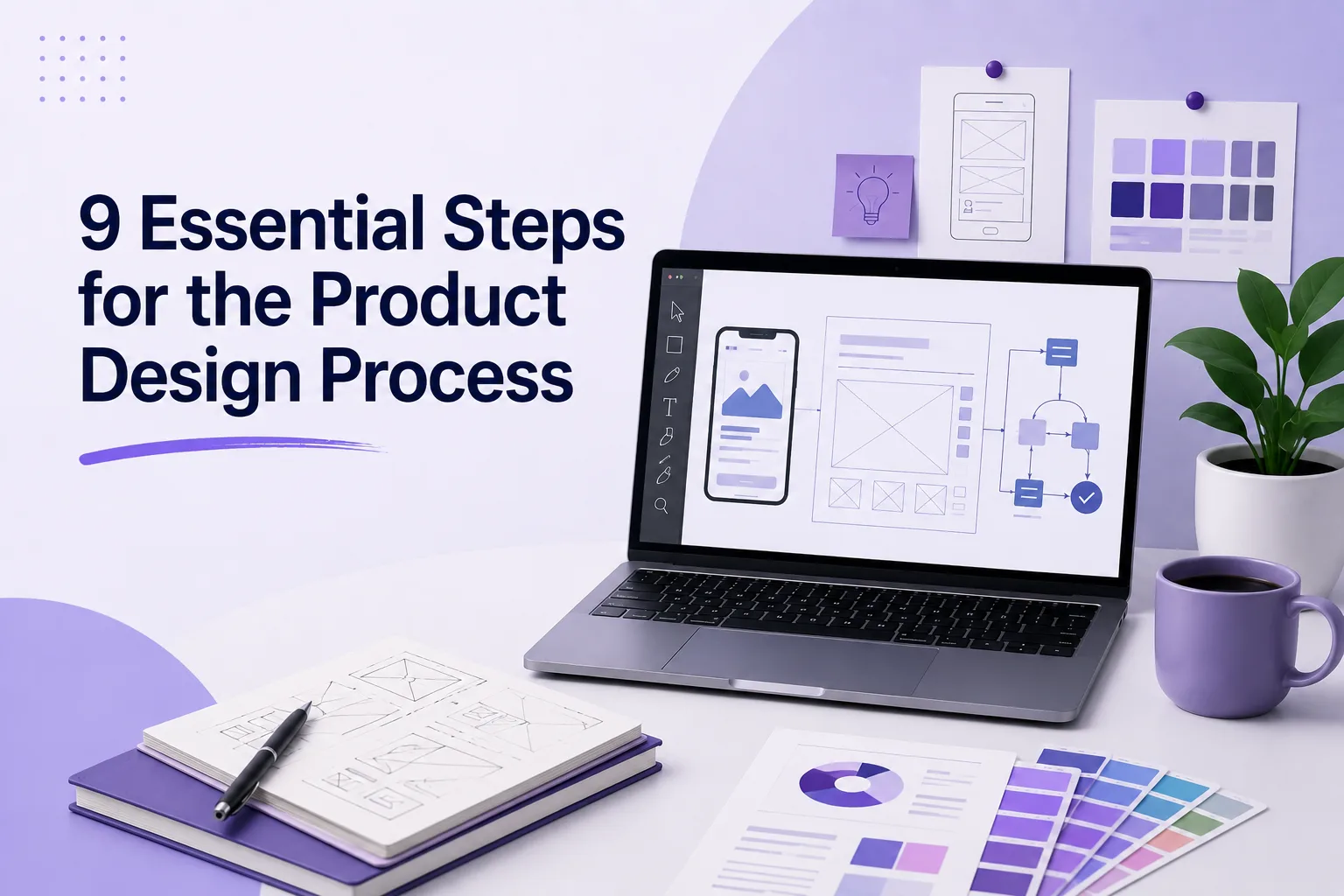 Product design process illustration showing a laptop with mobile app wireframes, user flow diagrams, color palette, sketches, and design planning tools.