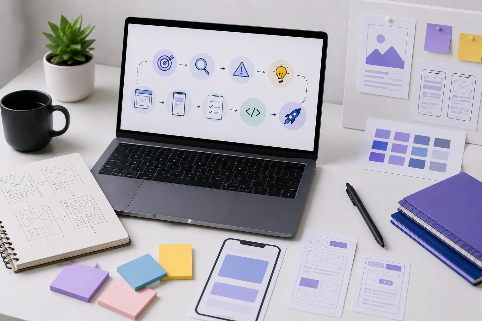 Product design process workspace showing a laptop workflow diagram, mobile app wireframes, UI sketches, color palette, and sticky notes.