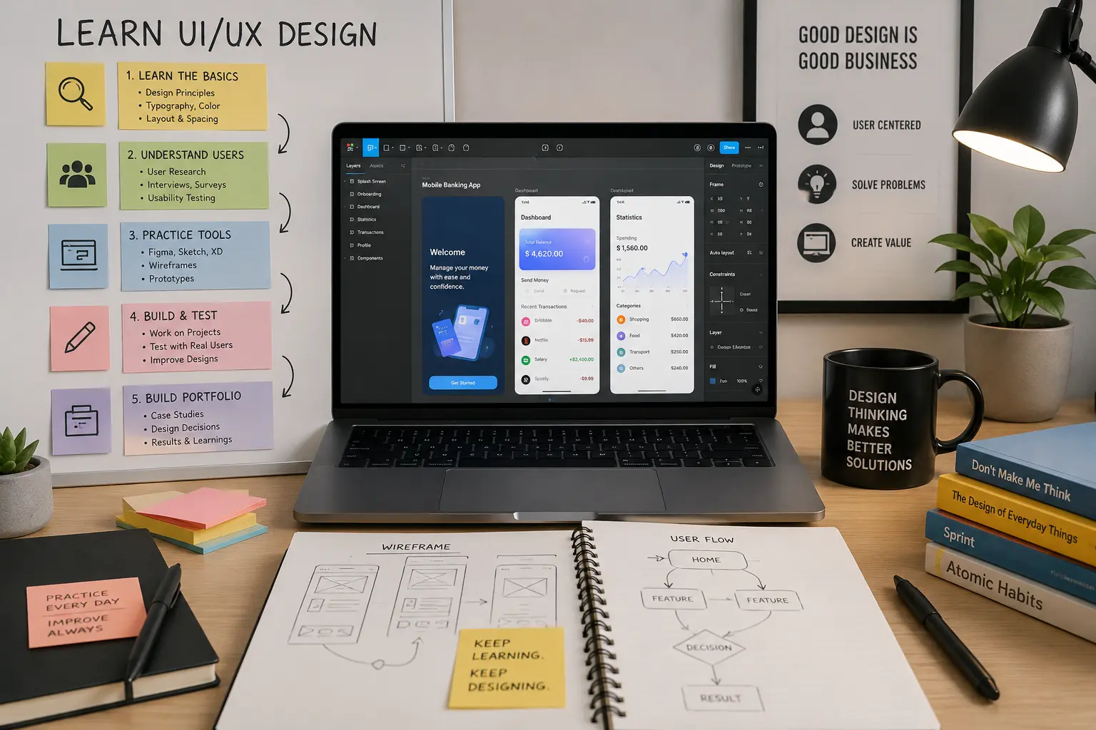 UI/UX design learning workspace with a beginner roadmap, Figma mobile app mockups, wireframes, user flows, and design books.