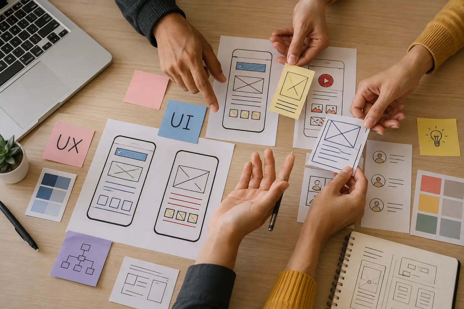 UI/UX design workshop with a team arranging mobile app wireframes, user interface cards, sticky notes, and color palettes.