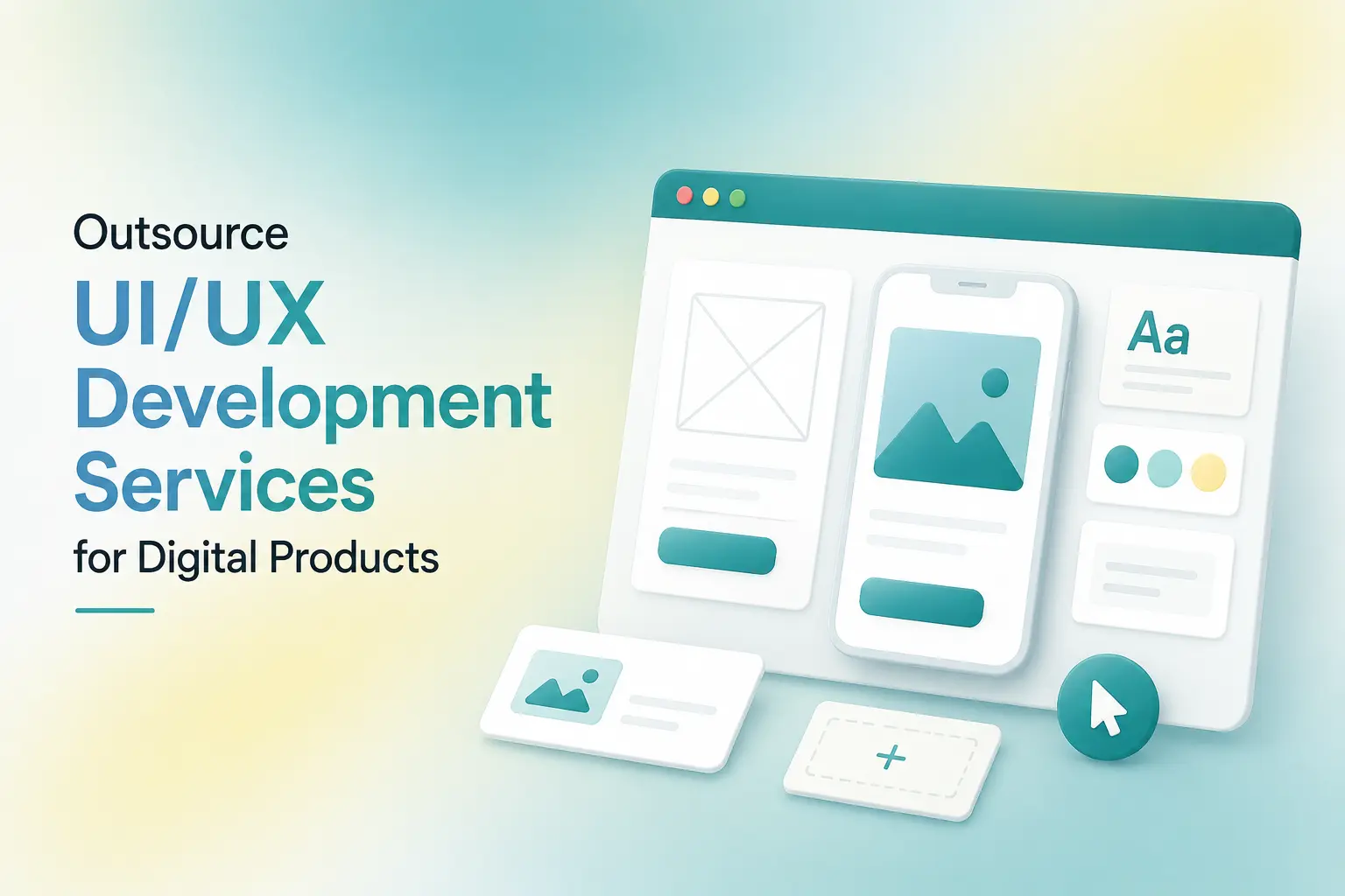 Outsourced UI/UX development services illustration showing a digital product interface with mobile app screens, wireframes, typography, colors, and UI components.