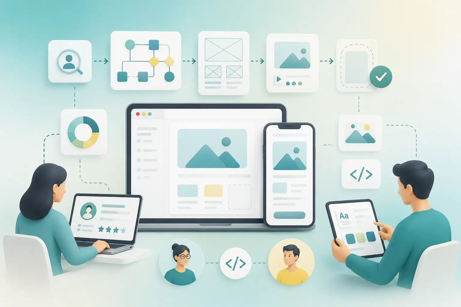 Outsourced UI/UX design process illustration showing designers collaborating on user research, wireframes, prototypes, development, and responsive digital product interfaces.