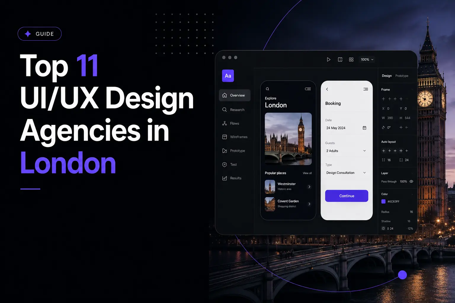 Guide to top UI/UX design agencies in London, featuring a mobile app design prototype and Big Ben at night.
