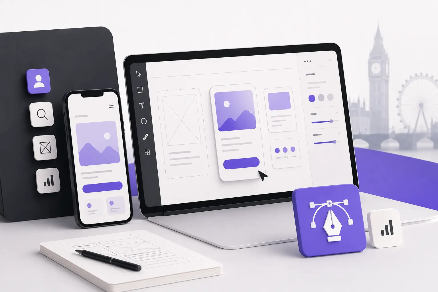 UI/UX design agency concept showing responsive mobile and desktop app interfaces, wireframes, design tools, and London landmarks.