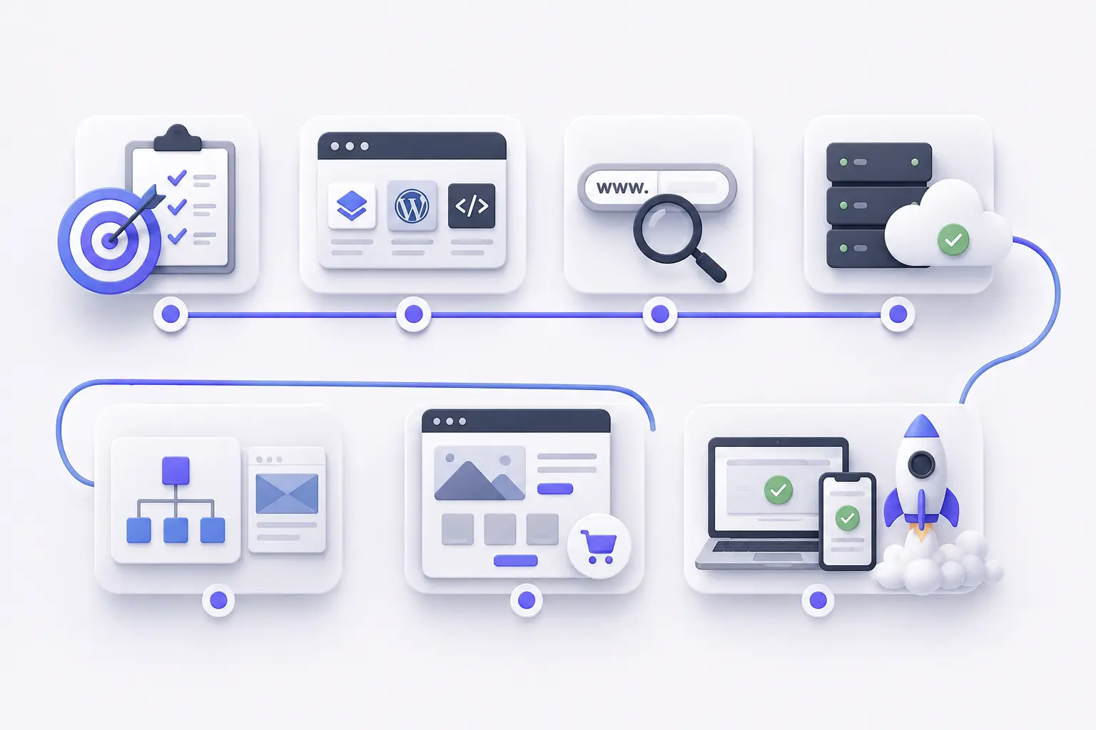 Website creation process infographic showing planning, platform selection, domain registration, hosting, site structure, design, testing, and launch.