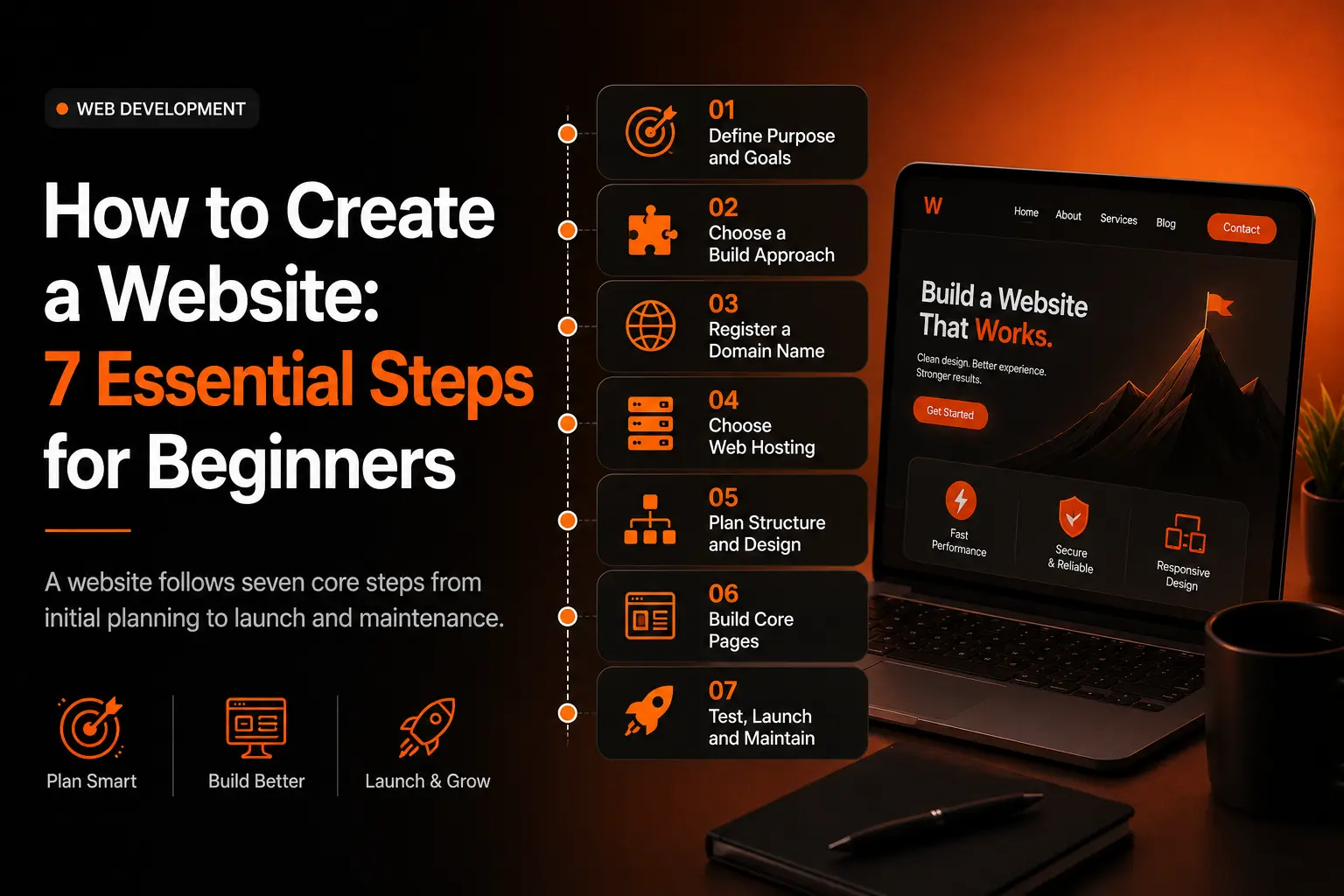 Seven-step beginner guide to creating a website, covering goals, platform choice, domain, hosting, design, core pages, testing, and launch.
