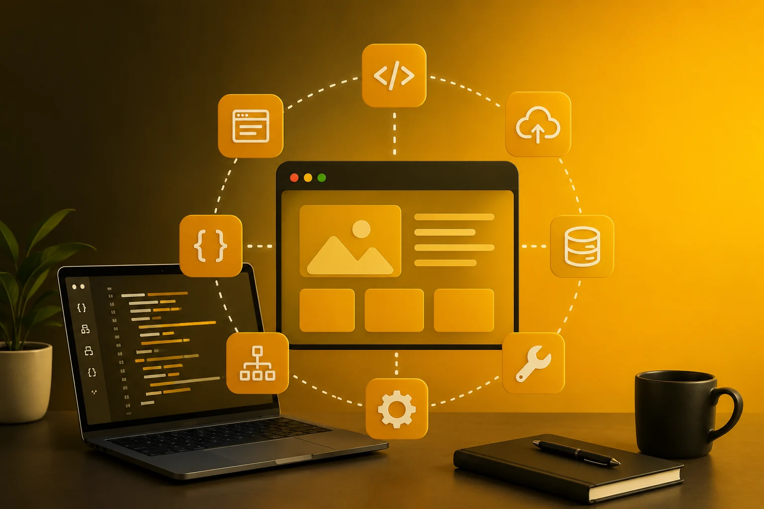 Web development services illustration showing coding, website design, cloud deployment, databases, APIs, site architecture, and maintenance tools.