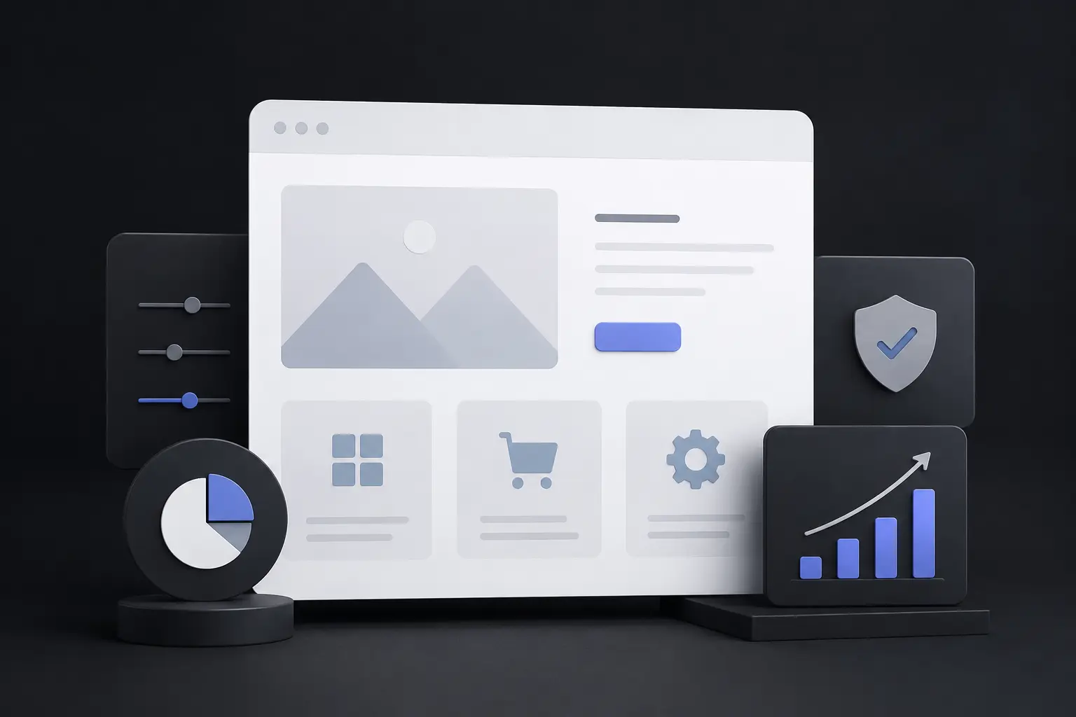 Website design cost illustration featuring a web page layout, pricing controls, security shield, e-commerce, settings, and growth analytics.