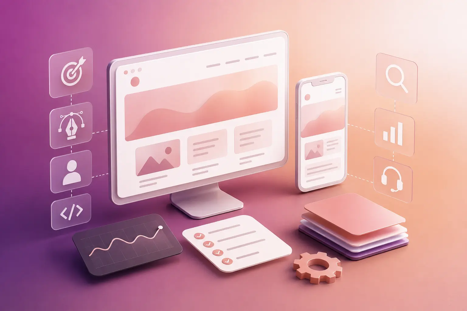 Web design services illustration showing responsive desktop and mobile websites with strategy, UX design, development, SEO analytics, and support tools.