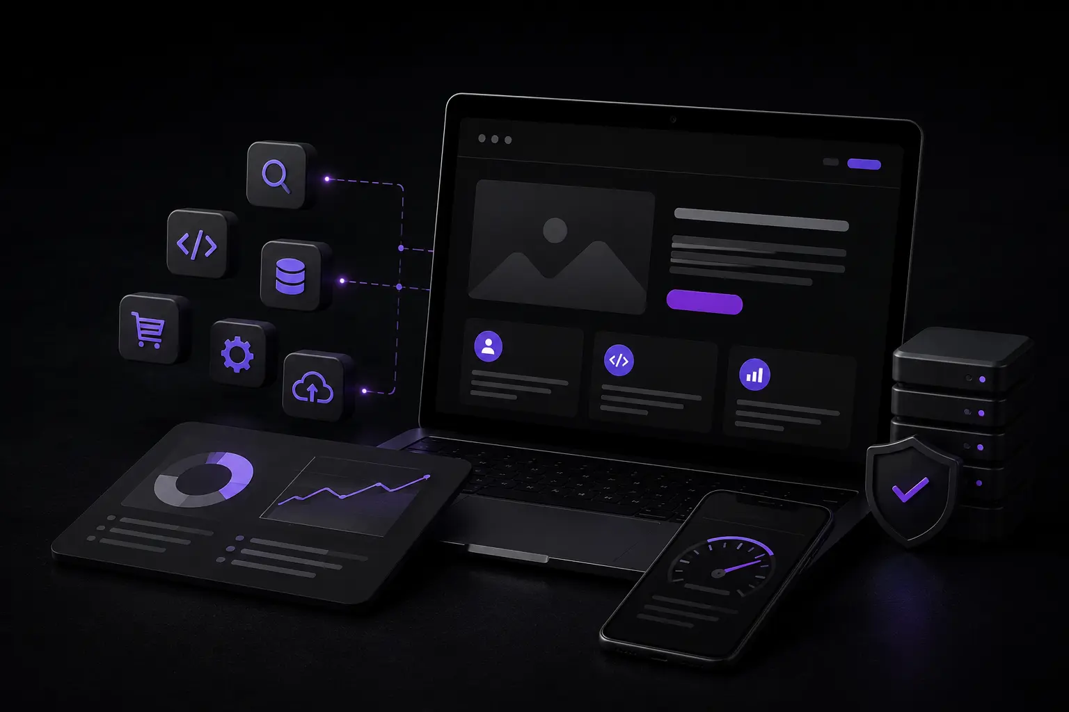 Website redesign process with UX research, web development, CMS migration, performance optimization, and responsive dashboard interface.