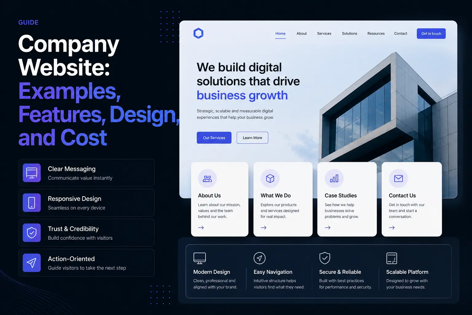 Modern company website design example showcasing responsive layout, clear messaging, business growth strategy, navigation, and trust-building features.