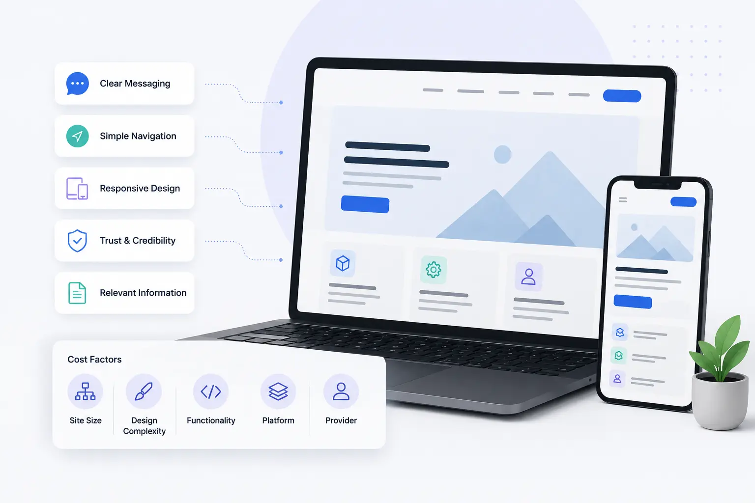 Company website example featuring responsive web design, clear messaging, intuitive navigation, trust-building elements, and website cost factors.