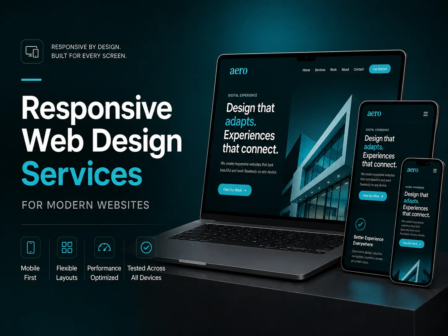Responsive web design services graphic showing a modern website optimized across laptop, tablet, and mobile screens.