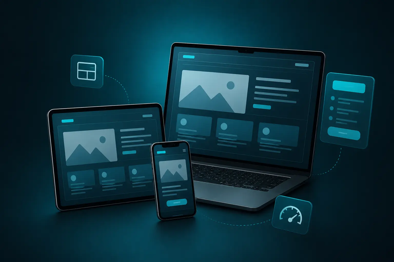 Responsive web design displayed across desktop, laptop, tablet, and mobile devices with flexible layout and performance icons.