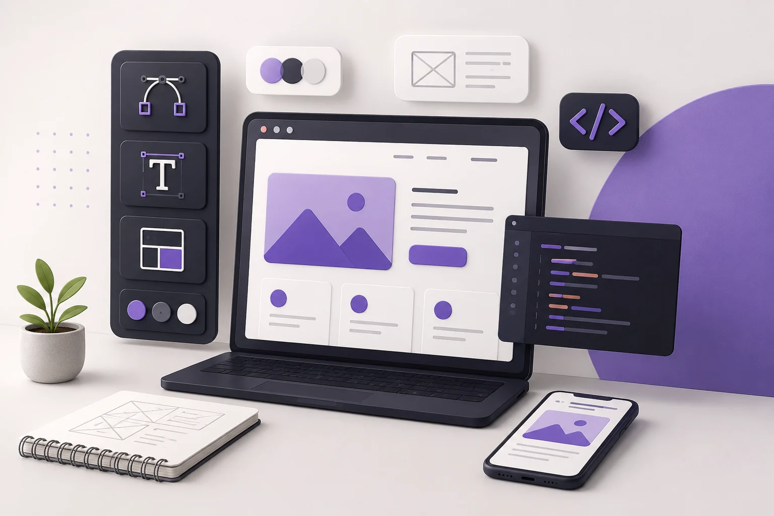 Alt tag: “Web designer learning setup with website mockups, typography tools, color palette, HTML code, wireframes, and responsive mobile design.