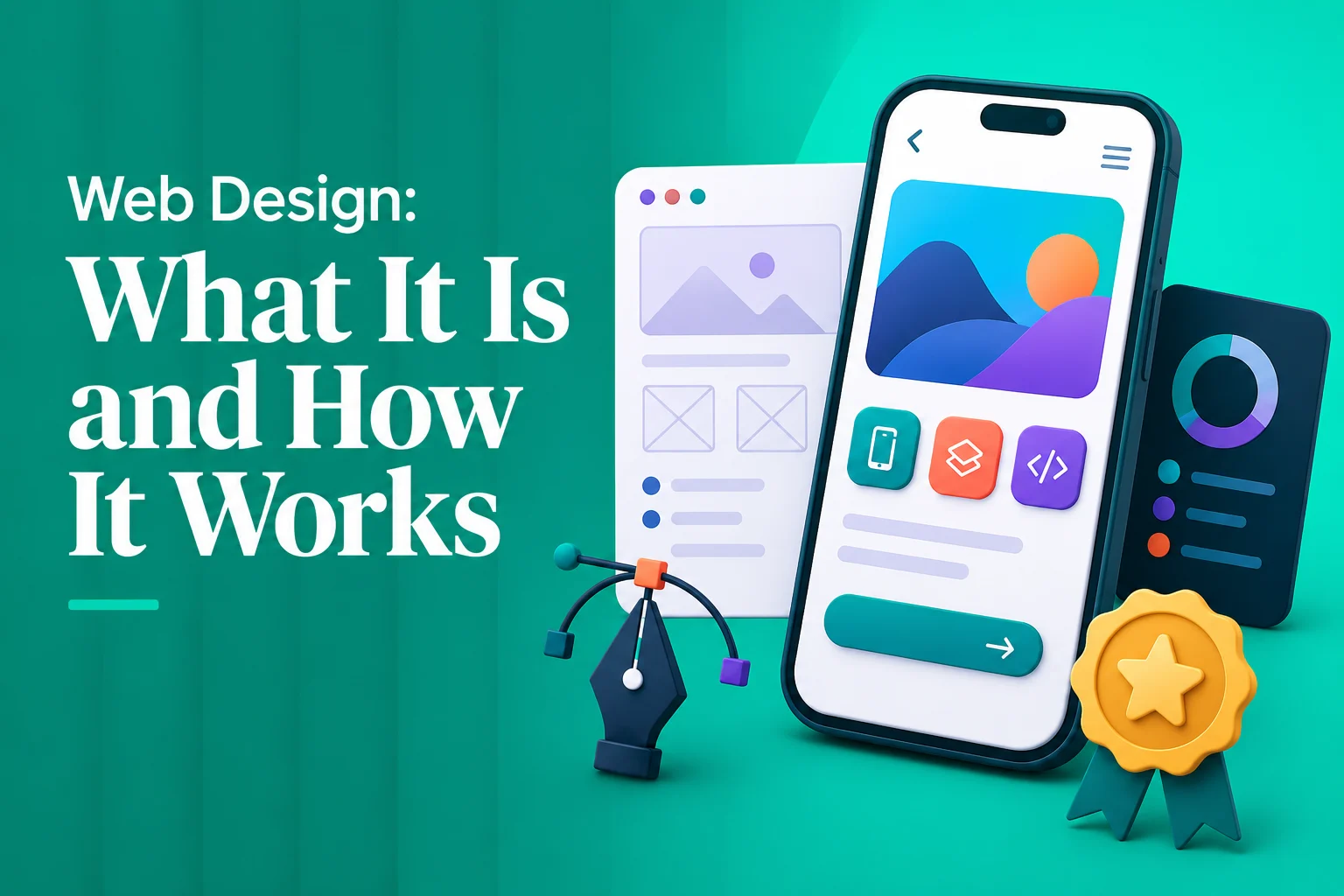 Web design illustration showing a mobile website interface, wireframes, development tools, color analytics, and quality design elements.