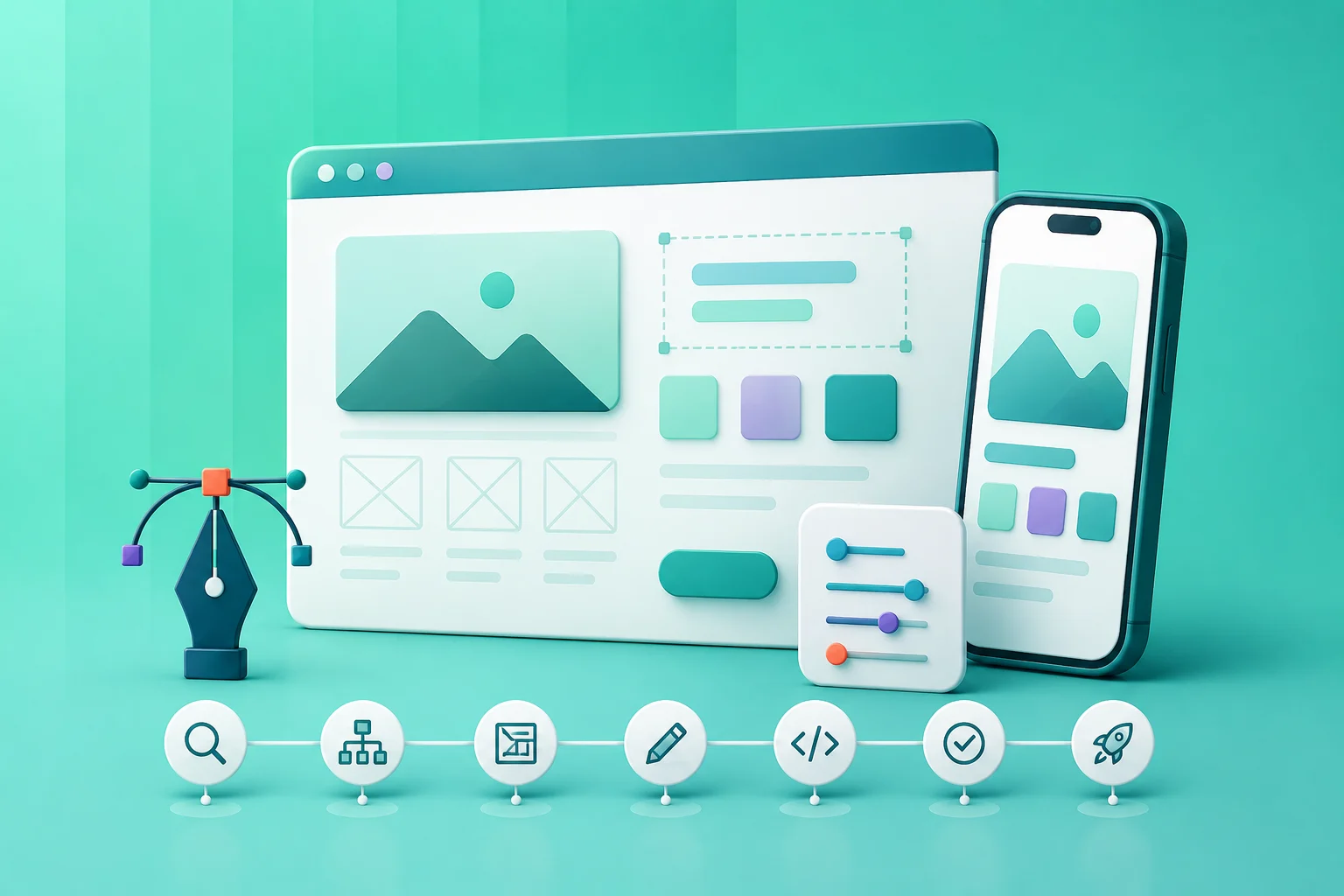 Web design process illustration showing responsive desktop and mobile layouts, wireframes, color controls, development, testing, and launch stages.