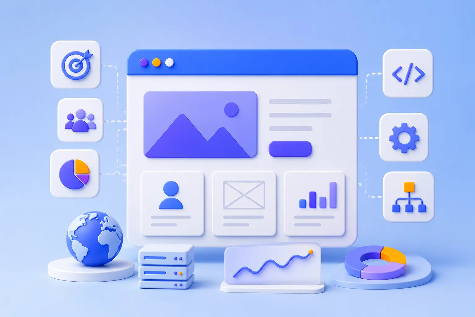 Illustration of a B2B web design process featuring UX design, responsive website development, analytics dashboard, and conversion optimization.