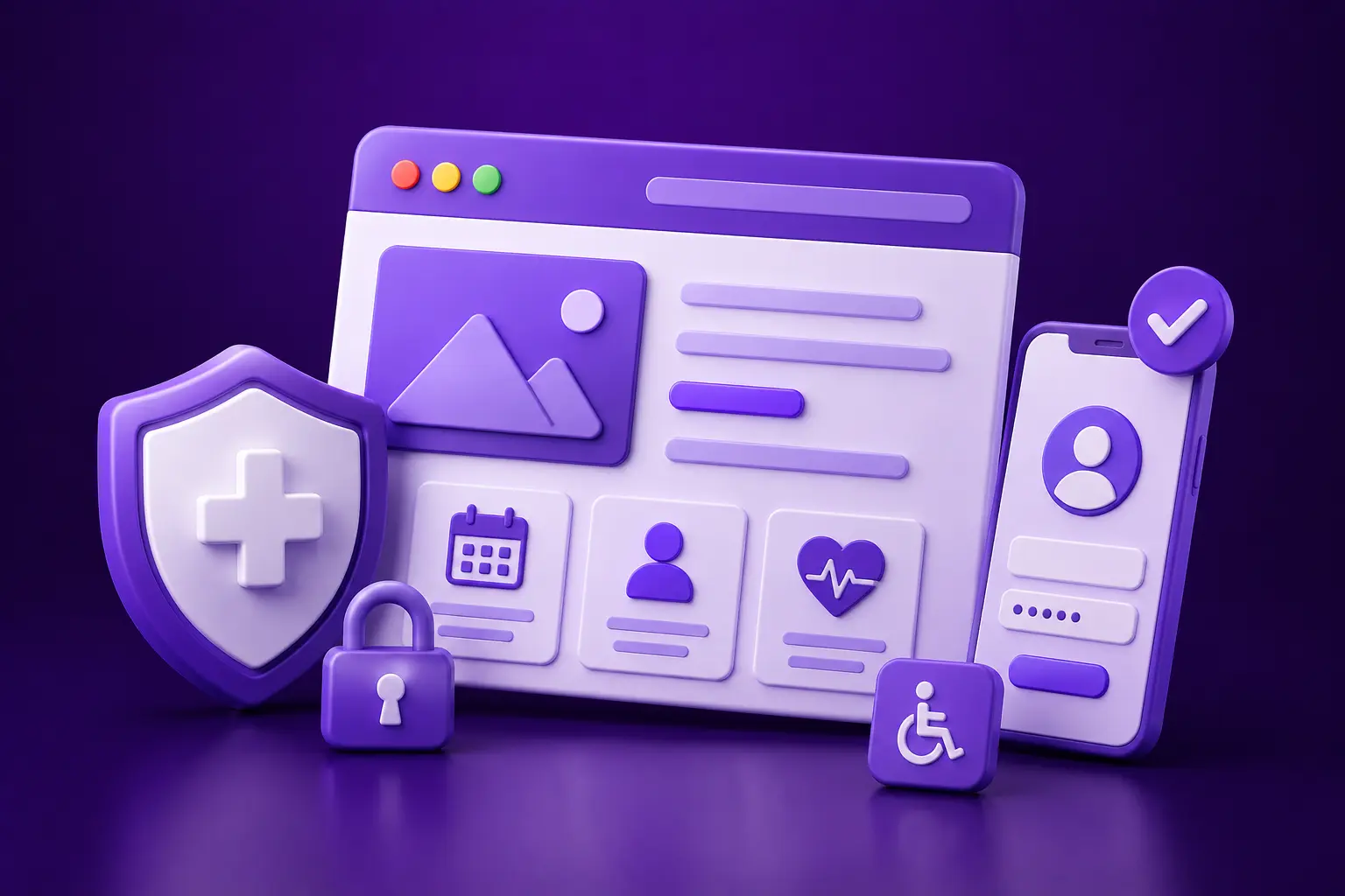Medical website design illustration featuring a secure, accessible patient portal with healthcare, appointment, profile, and login components.