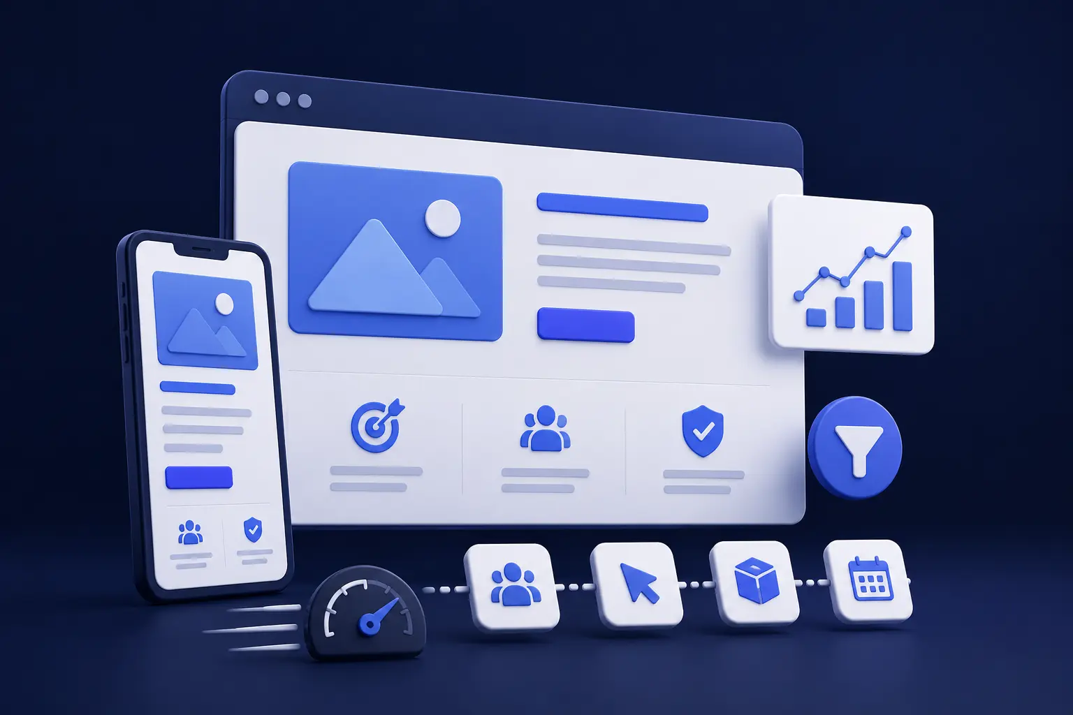Landing page design illustration showing responsive desktop and mobile layouts, conversion analytics, audience targeting, trust signals, and calls to action.