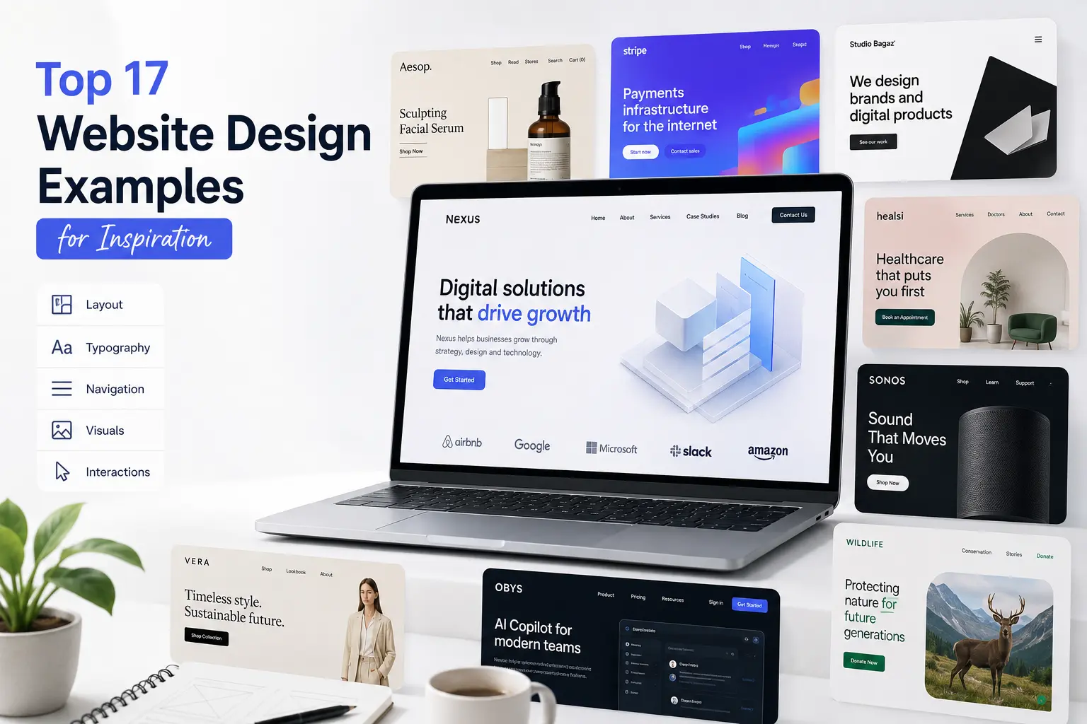 Website design inspiration gallery featuring responsive homepage examples for e-commerce, SaaS, healthcare, creative studios, and nonprofit brands.