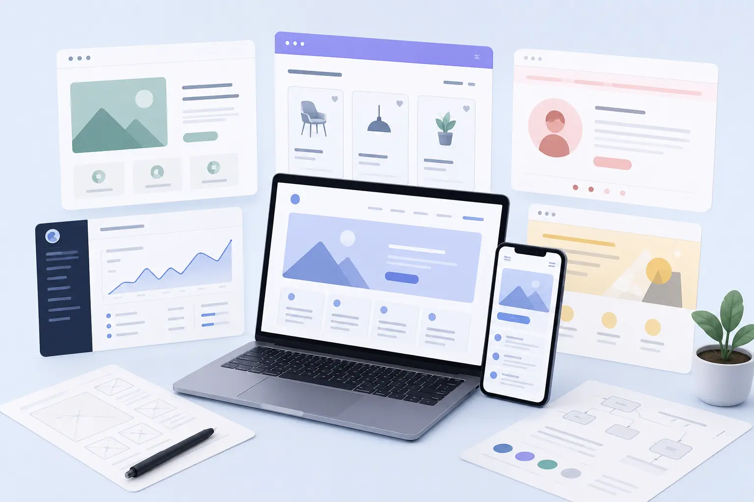 Website design inspiration collection showing responsive e-commerce, portfolio, dashboard, blog, and landing page layouts on desktop and mobile.