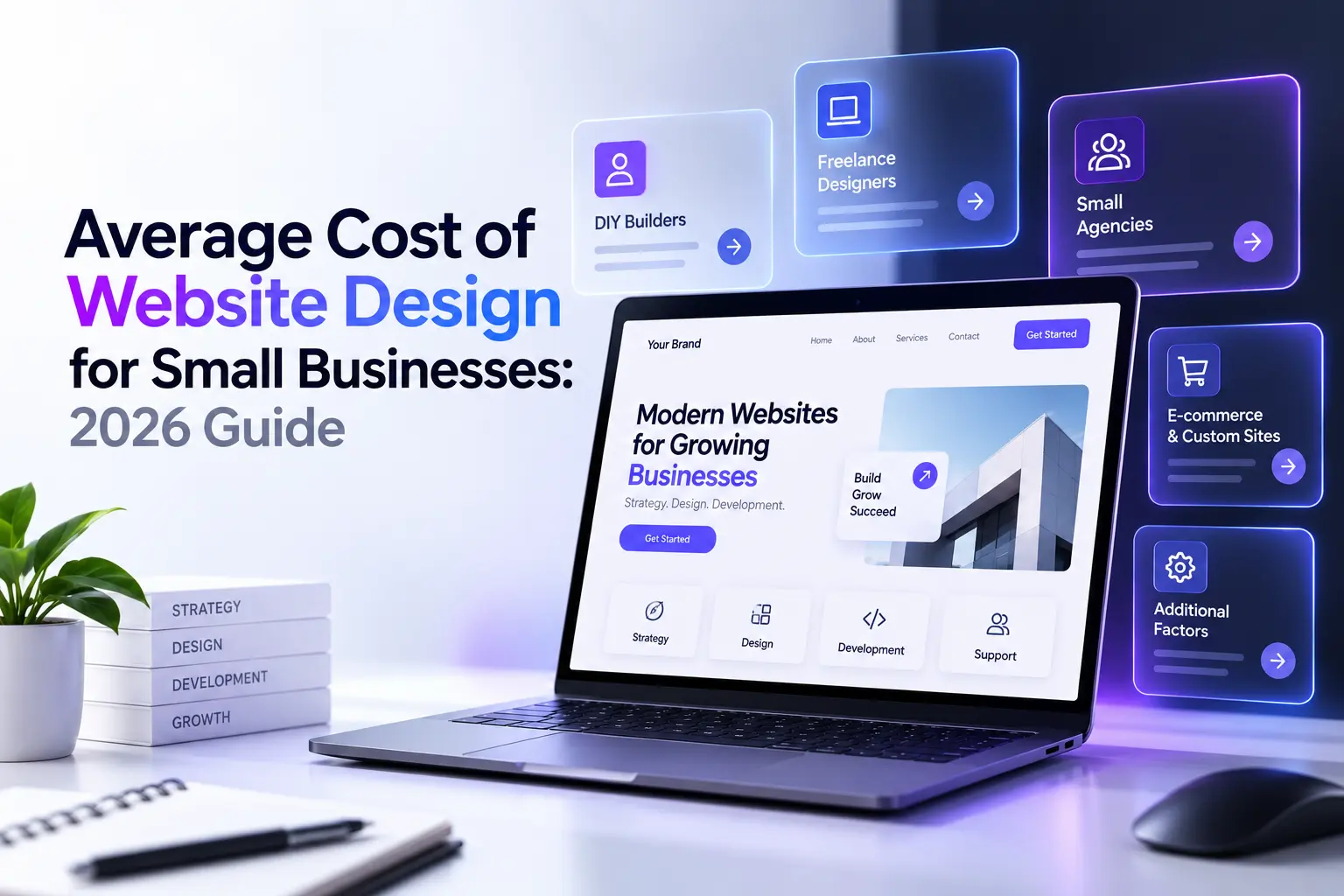 Small business website design cost guide comparing DIY builders, freelance designers, agencies, e-commerce sites, and custom web development.