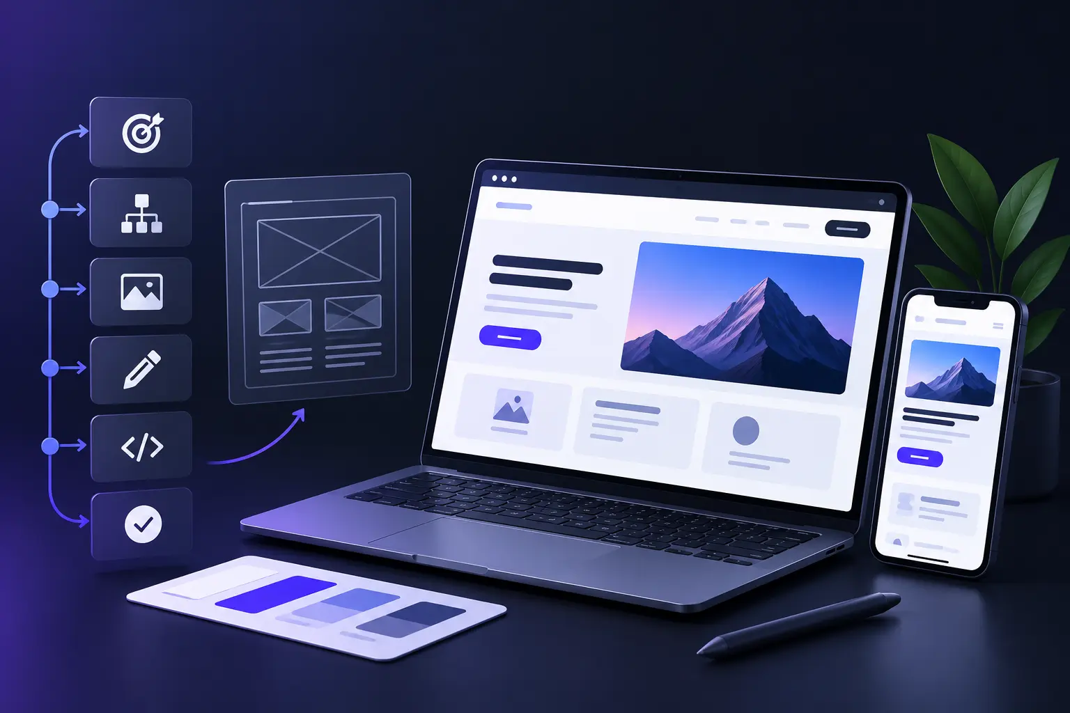 Website design process showing planning, wireframing, visual design, coding, testing, and responsive desktop and mobile layouts.